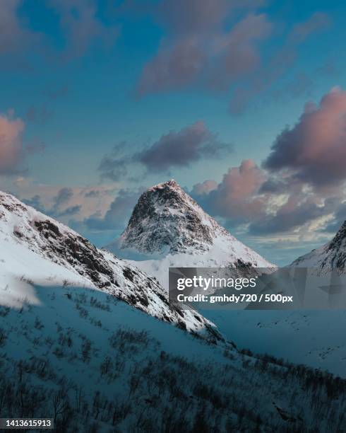 scenic view of snowcapped mountains against sky during sunset - mountain range stock pictures, royalty-free photos & images