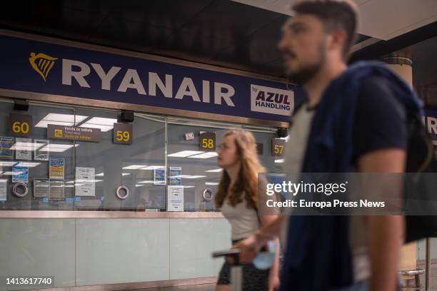 Ryanair window at Josep Tarradellas Barcelona-El Prat Airport, on August 8 in Barcelona, Catalonia, Spain. The new strike days of Ryanair's Spanish...