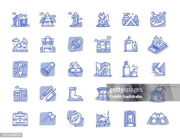 outdoor recreation hand drawn line icon set - bottle water sport stock illustrations