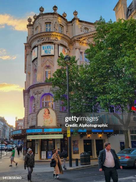 novello theatre with mama mia! playing - soho playhouse stock pictures, royalty-free photos & images