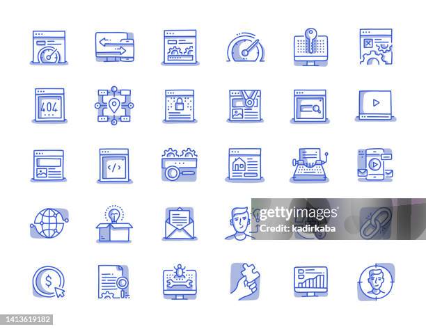 search engine optimization and web optimization hand drawn line icon set - engine wireframe stock illustrations