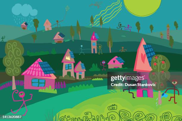 sustainable village with solar panels - panel solar stock illustrations