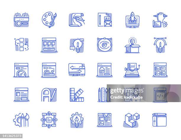 web design and development hand drawn line icon set - marketing tools stock illustrations