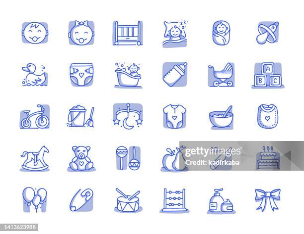 baby hand drawn line icon set - diaper bag stock illustrations