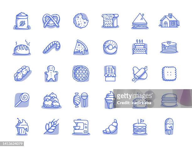 ilustraciones, imágenes clip art, dibujos animados e iconos de stock de conjunto de iconos de línea dibujada a mano de panadería - waffle