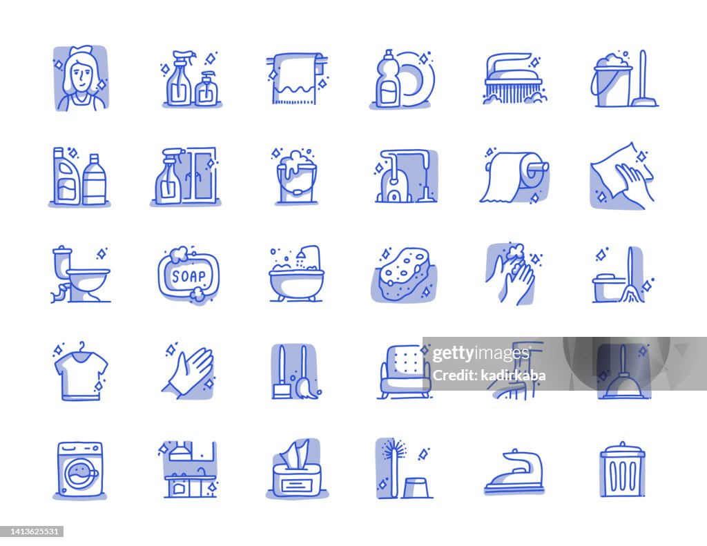 Cleaning Hand Drawn Line Icon Set