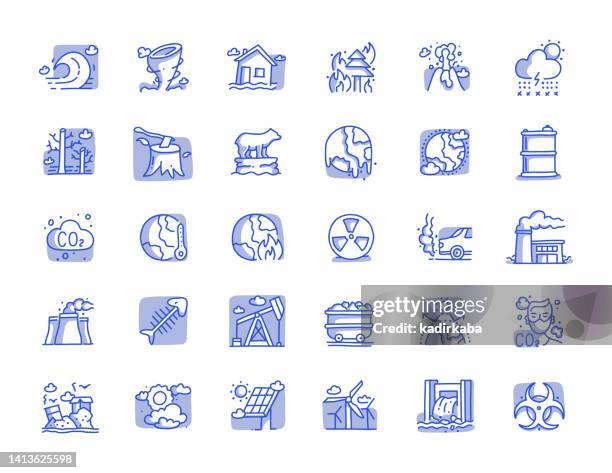 climate change hand drawn line icon set - storm clearing stock illustrations
