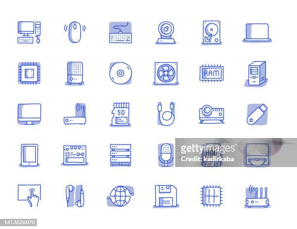 ilustraciones, imágenes clip art, dibujos animados e iconos de stock de conjunto de iconos de línea dibujada a mano de tecnología informática - ram