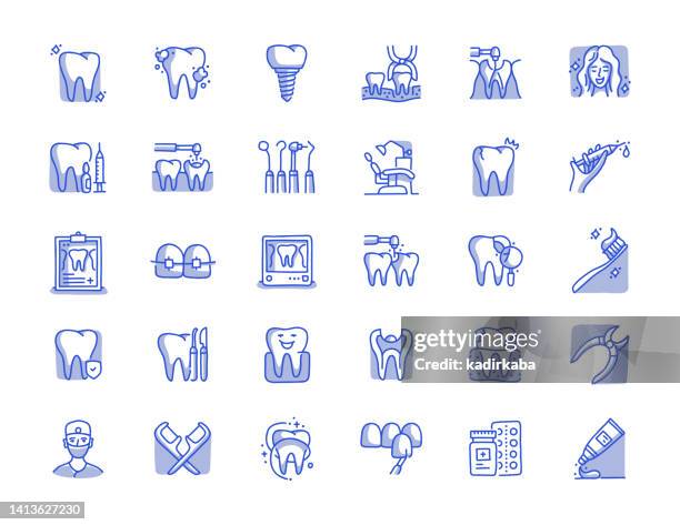 dental hand drawn line icon set - dental equipment 幅插畫檔、美工圖案、卡通及圖標