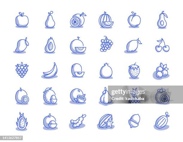 stockillustraties, clipart, cartoons en iconen met fruits hand drawn line icon set - mango vector