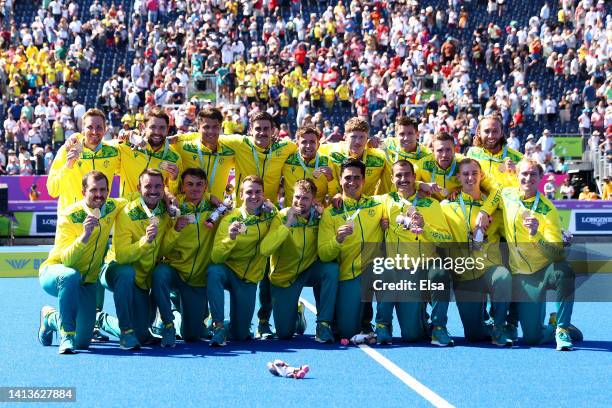 Gold medalists Team Australia celebrate during the Men's Hockey - Medal ceremony on day eleven of the Birmingham 2022 Commonwealth Games at...
