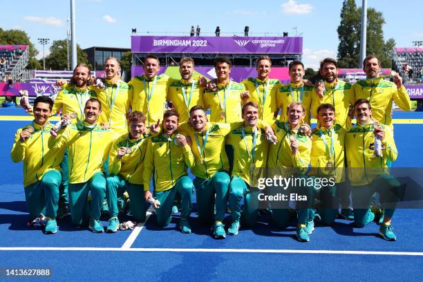 Gold medalists Team Australia celebrate during the Men's Hockey - Medal ceremony on day eleven of the Birmingham 2022 Commonwealth Games at...