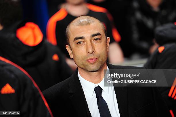 Chelsea's coach Roberto Di Matteo waits on March 14, 2012 before a Champions League round of 16 second leg football match against Napoli at the...