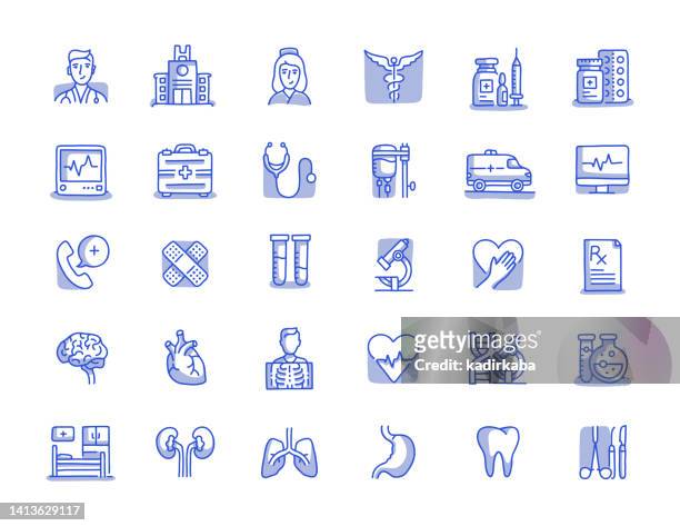 ilustrações de stock, clip art, desenhos animados e ícones de medicine and healthcare hand drawn line icon set - surgical equipment stock illustrations