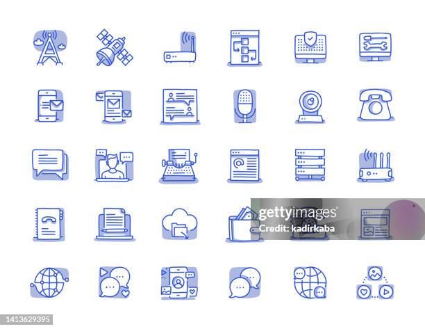 network and communication hand drawn line icon set - instagram post design stock illustrations