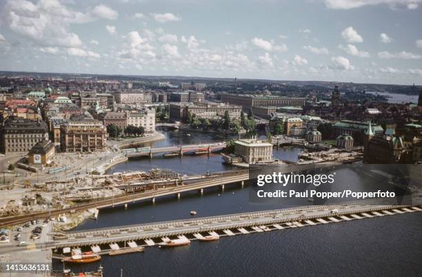 New railway and Centralbron road bridges being constructed over the Norrstrom river in the centre of Stockholm, capital city of Sweden circa 1960....