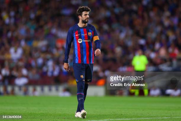 Gerard Pique of FC Barcelona looks on during the Joan Gamper Trophy match between FC Barcelona and Pumas UNAM at Spotify Camp Nou on August 07, 2022...