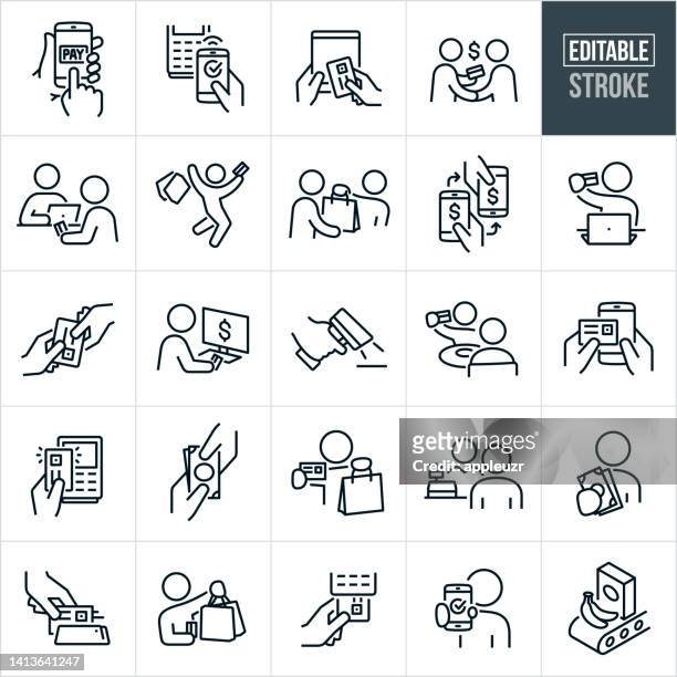 stockillustraties, clipart, cartoons en iconen met point of sale thin line icons - editable stroke - checkout