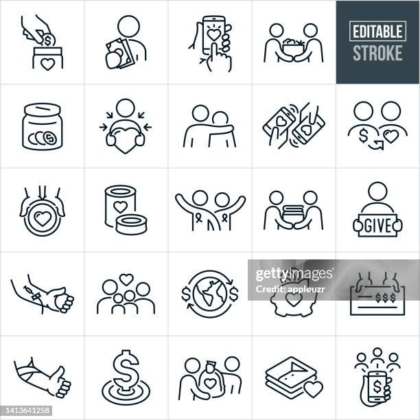 stockillustraties, clipart, cartoons en iconen met donating and giving thin line icons - editable stroke - volunteer