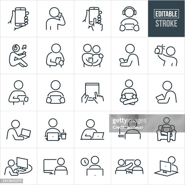 stockillustraties, clipart, cartoons en iconen met computers and devices thin line icons - editable stroke - holding