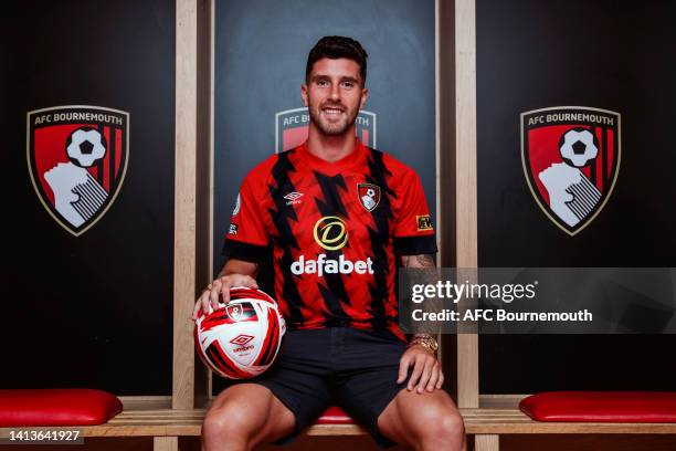 New signing Marcos Senesi of Bournemouth poses following his signing at Vitality Stadium on August 08, 2022 in Bournemouth, England.