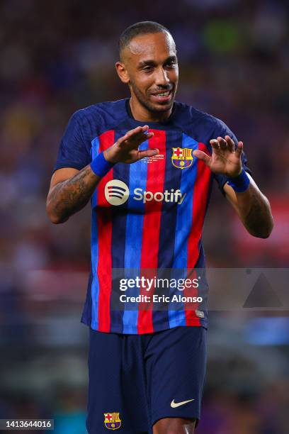 Pierre-Emerick Aubameyang of FC Barcelona gestures during the Joan Gamper Trophy match between FC Barcelona and Pumas UNAM at Spotify Camp Nou on...