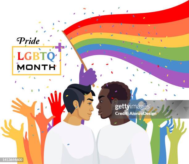 pride parade. colorful lgbt pride month banner. - lesbian couple getting married stock illustrations