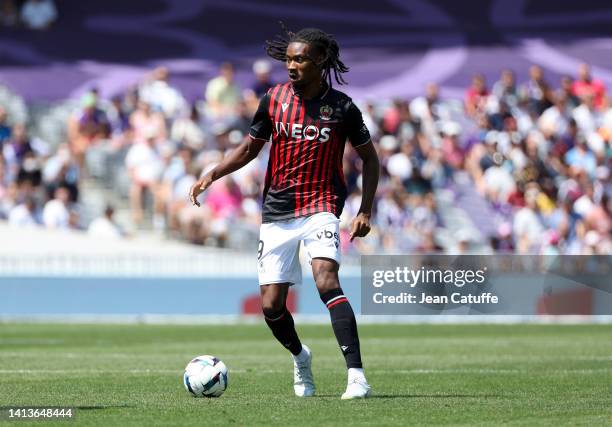 Khephren Thuram of Nice during the Ligue 1 match between Toulouse FC and OGC Nice at the Stadium on August 7, 2022 in Toulouse, France.