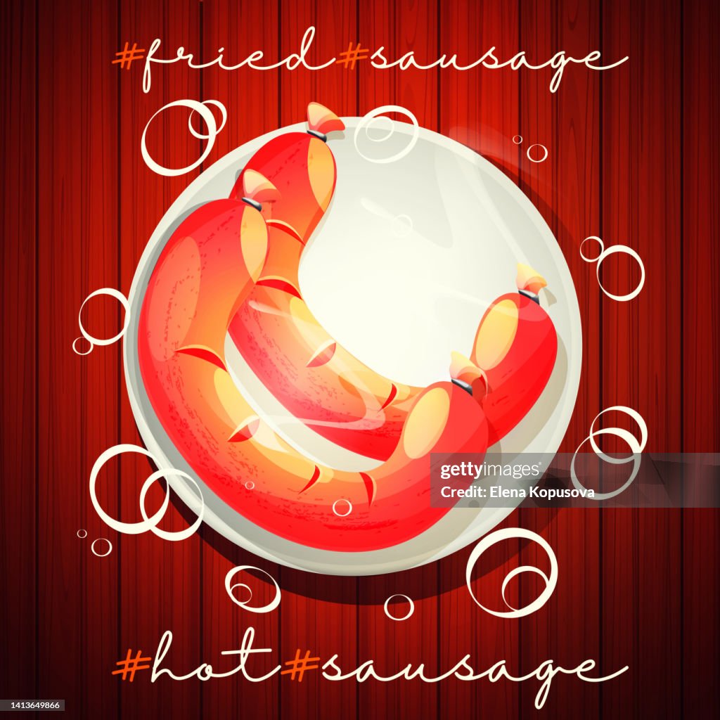 Fast and street food concept in cartoon style. Hot, fried sausage on a plate on a wooden abstract background.