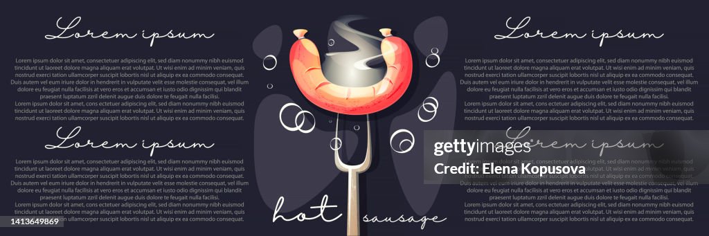 Fast and street food concept in cartoon style. Hot, fried sausage on a fork on a dark abstract background with space for text.