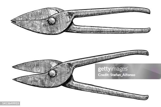vector drawing of a sheet metal shears closed and opened - sheet metal stock illustrations