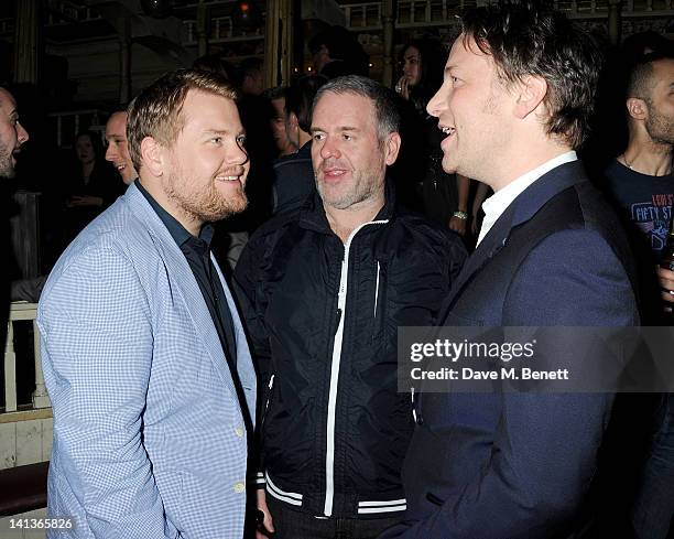 James Corden, Chris Moyles and Jamie Oliver attend a private screening of Dexter Fletcher's directorial debut 'Wild Bill' hosted by chef Jamie Oliver...