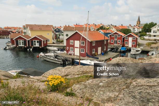 view of the community of smögen on the west coast in summer - sweden archipelago stock pictures, royalty-free photos & images