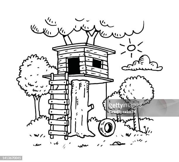 hand drawn tree house - coloring book page illlustration technique stock illustrations