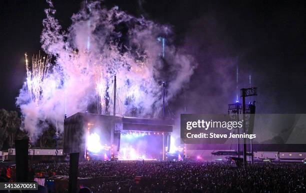 Fireworks during the Post Malone performance on Day 3 of Outside Lands Music And Arts Festival at Golden Gate Park on August 07, 2022 in San...