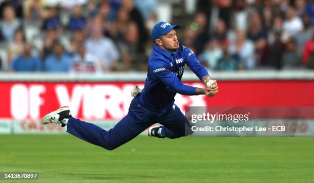 Mason Crane of London Spirit catches Jos Buttler of Manchester Originals out during The Hundred match between London Spirit Men and Manchester...