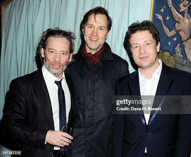 Dexter Fletcher, David Morrissey and Jamie Oliver attend a private screening of Dexter Fletcher's directorial debut 'Wild Bill' hosted by chef Jamie...