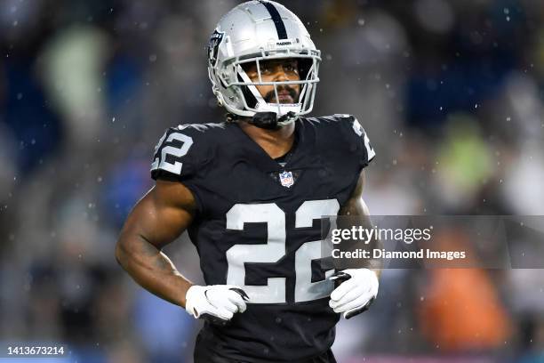 Ameer Abdullah of the Las Vegas Raiders runs off the field during the first half of the 2022 Pro Football Hall of Fame Game against the Jacksonville...