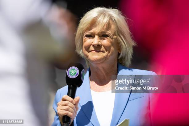 Sue Barker, BBC Presenter and Former Tennis Player, during the Centre Court Centenary Ceremony, at The Wimbledon Lawn Tennis Championship at the All...