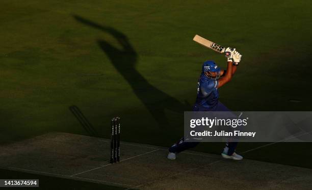 Kieron Pollard of London Spirit batsduring The Hundred match between London Spirit and Manchester Originals at Lord's Cricket Ground on August 08,...