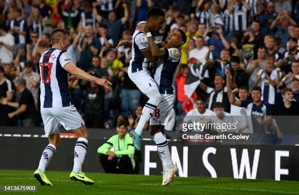 Karlan Ahearne-Grant of West Brom celebrates scores his team's first goal during the Sky Bet Championship between West Bromwich Albion and Watford at...