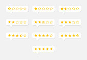 Star rating icons on gray background. One to five star halfling feedback, review, rate us symbols. One to five full and half full stars.