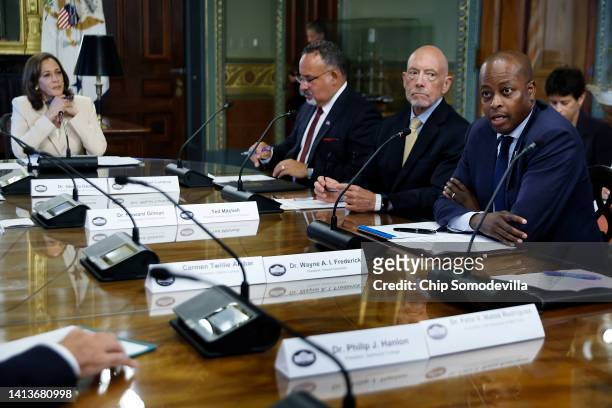 Howard University President Wayne Frederick addresses a roundtable discussion with fellow college and university leaders and U.S. Vice President...