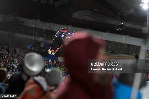 Mason Aguirre from the USA rides the Superpipe during the Men Snowboard Superpipe Elimination of the Winter X-Games Europe on March 14, 2012 in...