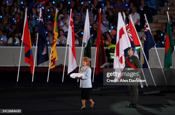 Councillor Maureen Cornish JP, Lord Mayor of Birmingham carries the flag during the Birmingham 2022 Commonwealth Games Closing Ceremony at Alexander...