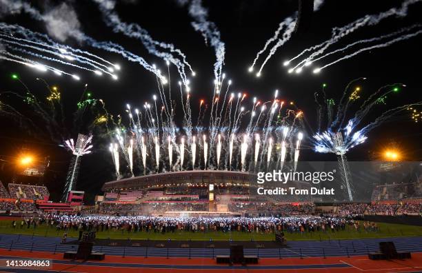 General view of fireworks during the Birmingham 2022 Commonwealth Games Closing Ceremony at Alexander Stadium on August 08, 2022 on the Birmingham,...