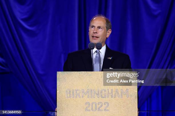 Prince Edward, The Earl of Wessex, closes the Birmingham 2022 Games during the Birmingham 2022 Commonwealth Games Closing Ceremony at Alexander...