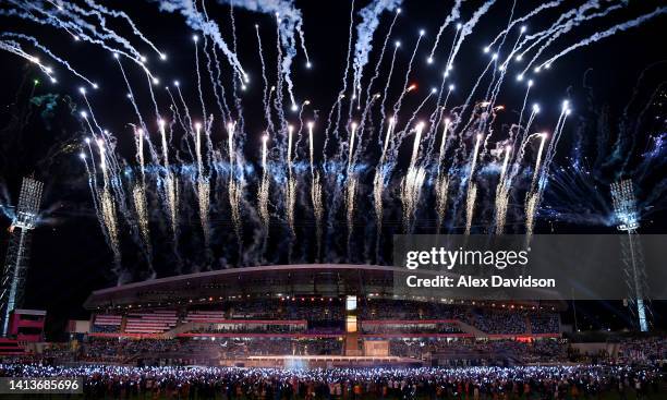 General view of fireworks during the Birmingham 2022 Commonwealth Games Closing Ceremony at Alexander Stadium on August 08, 2022 on the Birmingham,...
