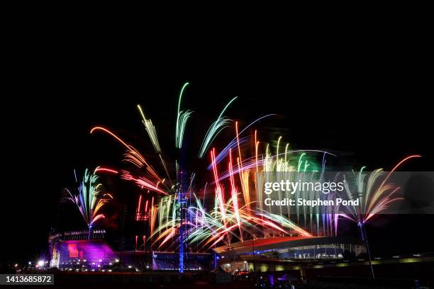 General view of fireworks during the Birmingham 2022 Commonwealth Games Closing Ceremony at Alexander Stadium on August 08, 2022 on the Birmingham,...