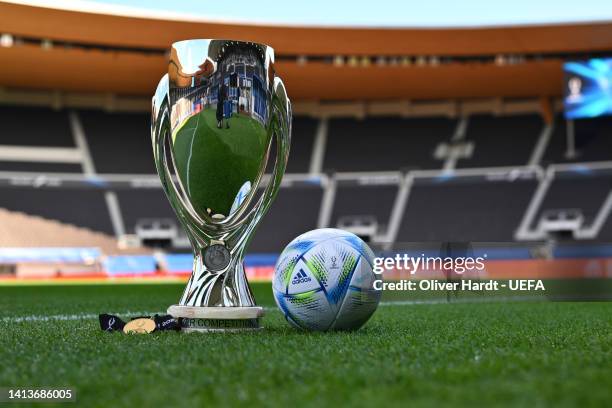 General view of the UEFA Super Cup Trophy with the medal and the offical matchball seen on display inside the stadium during previews ahead of the...